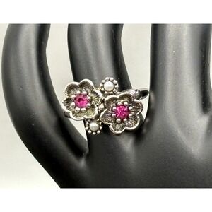 Avon Silver Tone Pink Rhinestone Faux Seed Pearl Flower Ring Vintage Floral Sz 6